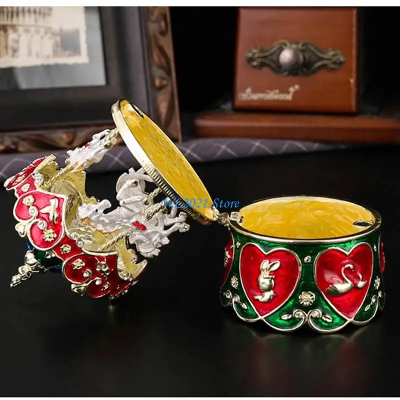 G5GC Vintage Inspired Rotating Carousel Jewelry Organiser Alloy Construction Storage Box For Necklace Earrings