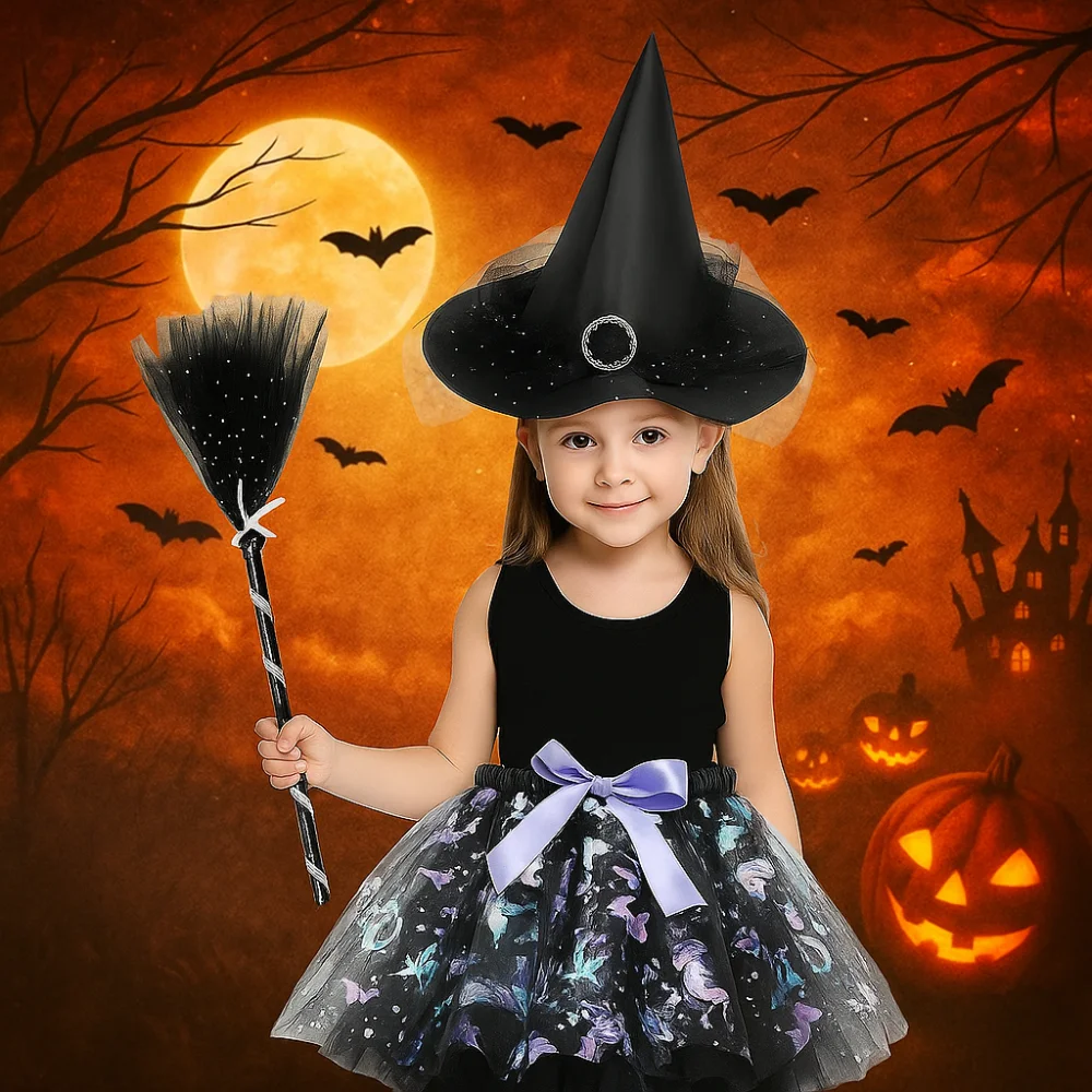 3Pcs/set Wizard Childern Halloween Costumes Pointy Hat Bright Color Witch Dress Set Short Skirt Broom