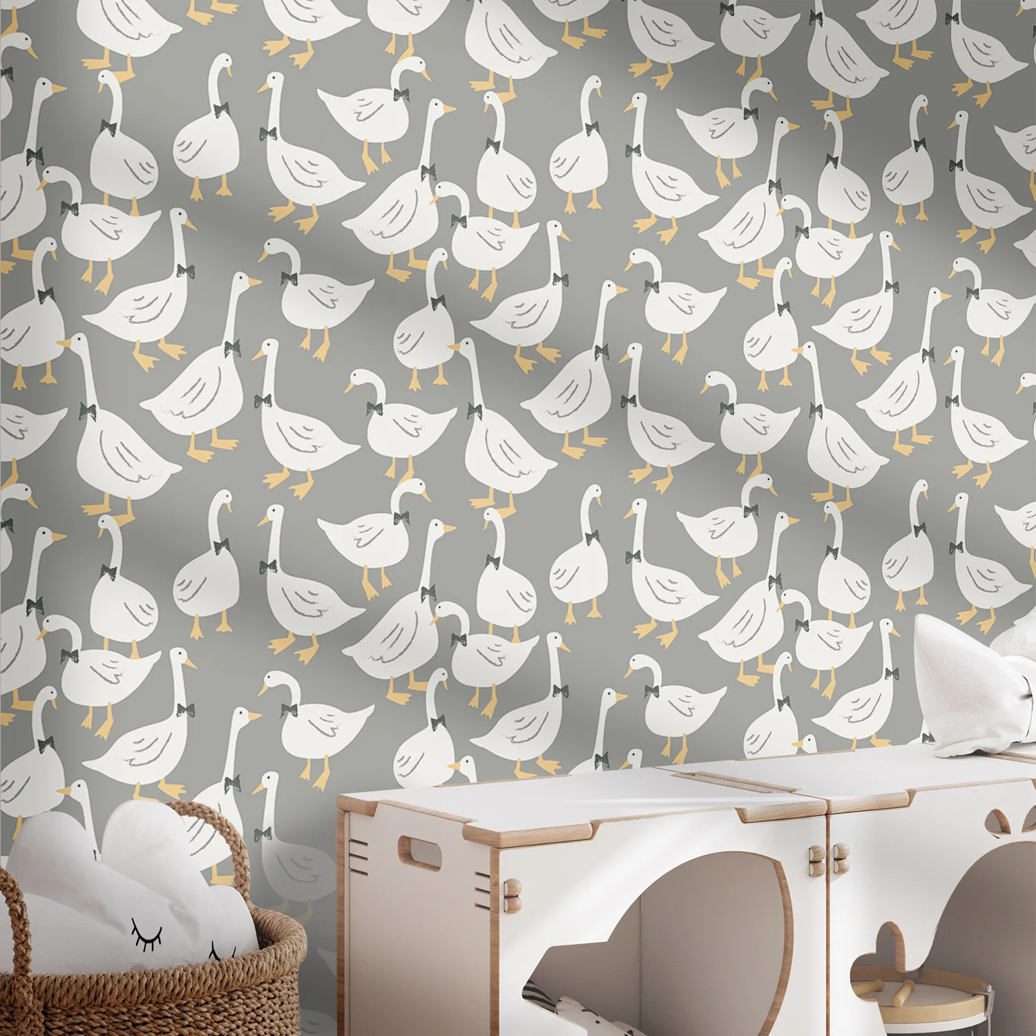Farmhouse Wallpaper Stick and Peel Vintage White Goose with Bow Tie Print Wall Paper for Kids Room Waterproof Contact Paper