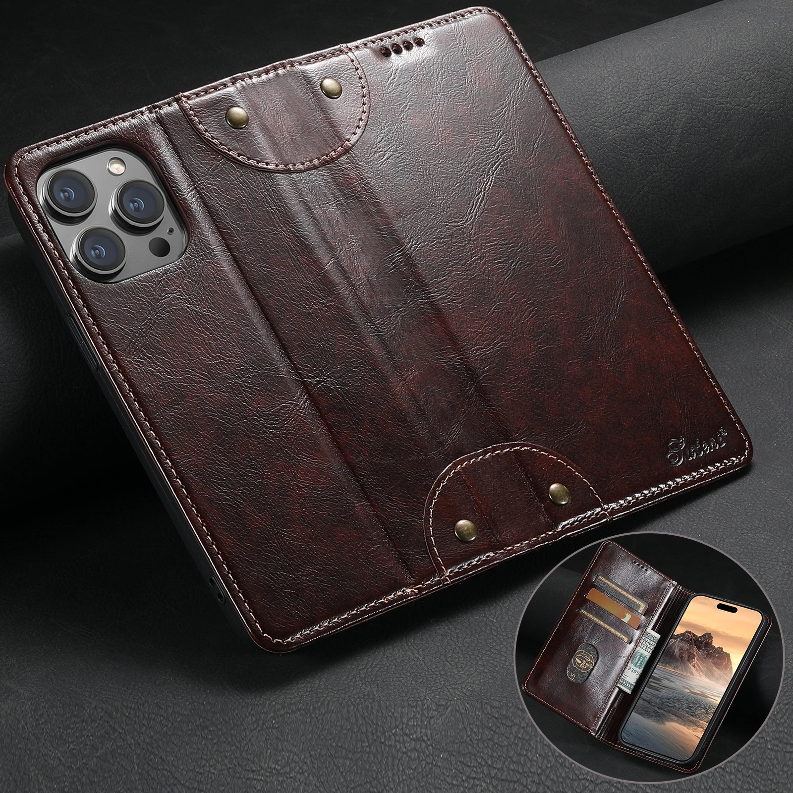 Suteni Luxury PU Leather Card Holder Wallet Standing Flip Cover Phone Case for iPhone 16ProMax 15 14Plus 13 12 11 X XR XsMax 7P