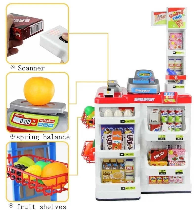 [Divertente] 34 pz/set simulazione supermercato rosso registratore di cassa carrello scaffale set giocattolo divertente gioco di imitazione imitare cassiere venditore regalo