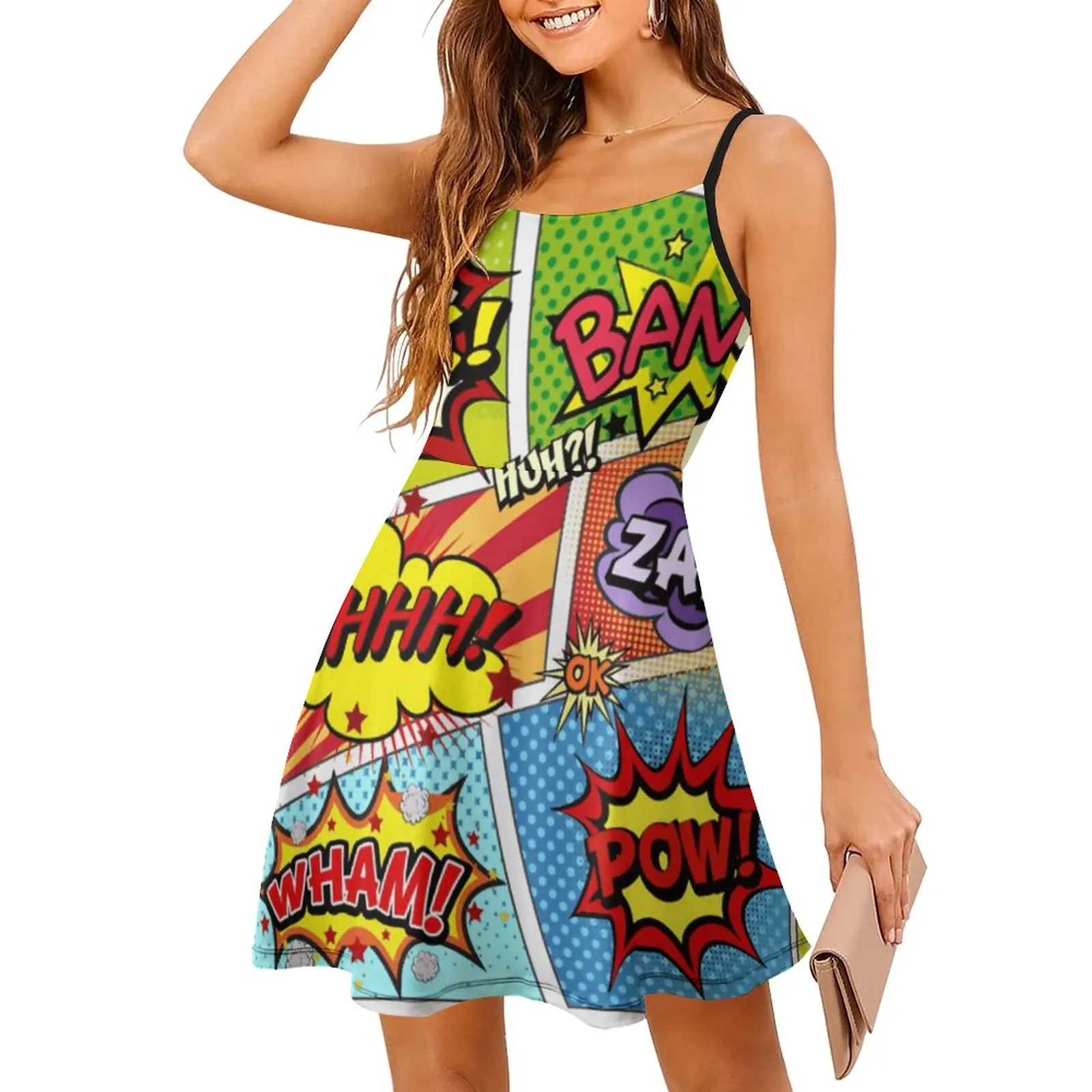 Panels Crazy Colorful Comic Book Panels Classic Creative Exotic  Woman's Dress Women's Sling Dress Funny Vintage  Parties The Dr