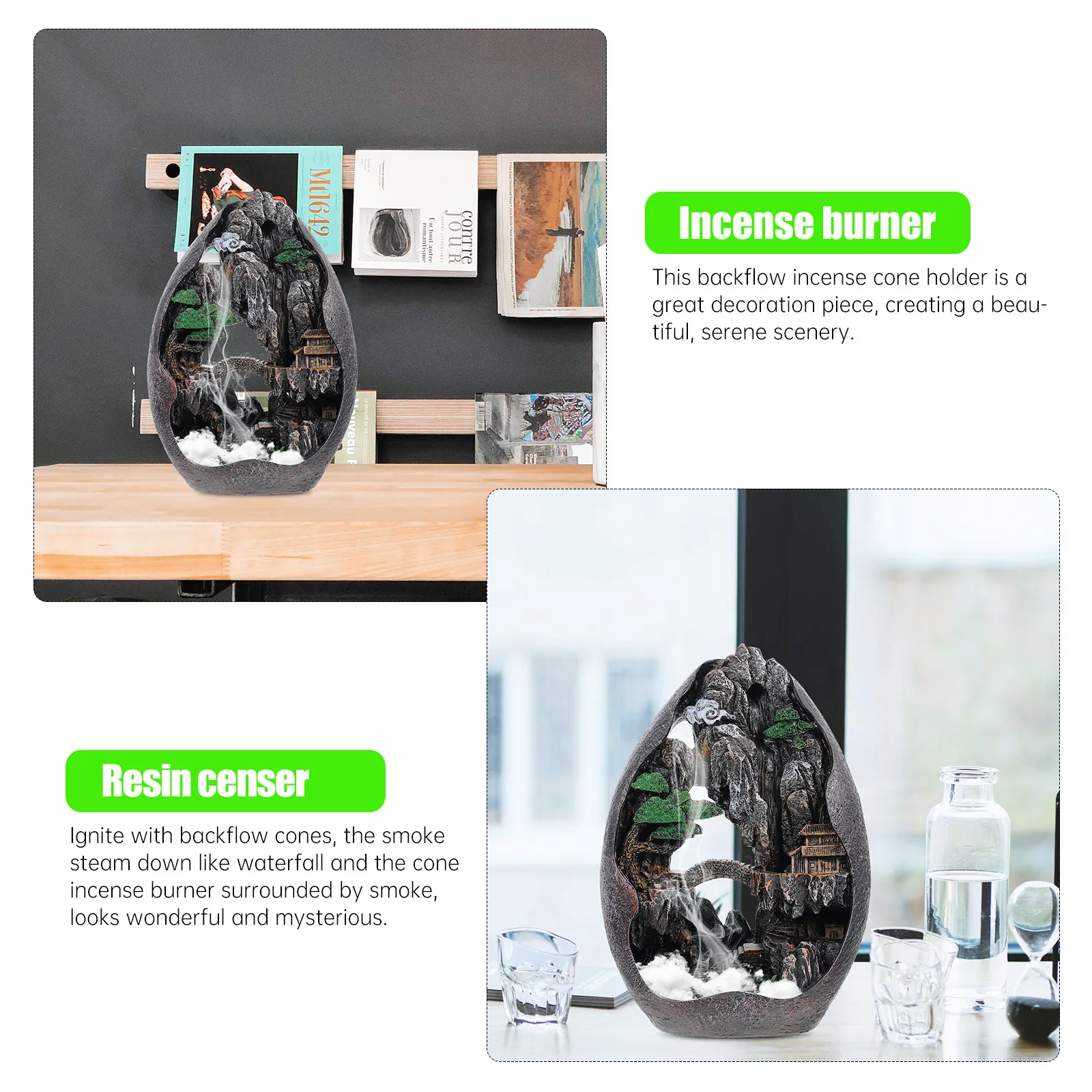 1Pcs Backflow Incense Burner Rockery Molding Quaint Mountain Aroma Stove Waterfall Smoke Effect Room Decor Desktop Ornament Gift