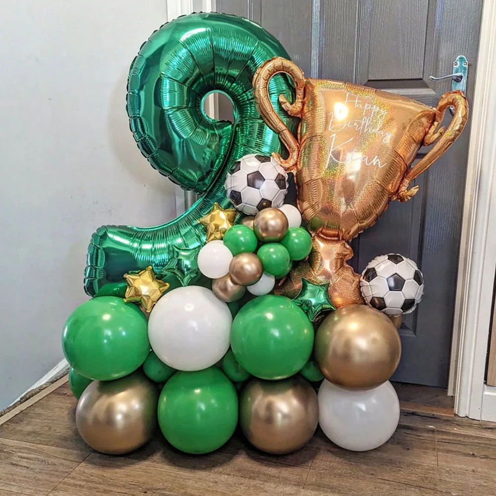 48Pcs Football Champion Prize Balloons Set 32inch Green 0-9 Number Foil Ballon Round Soccer Globos for Boys Birthday Party Decor