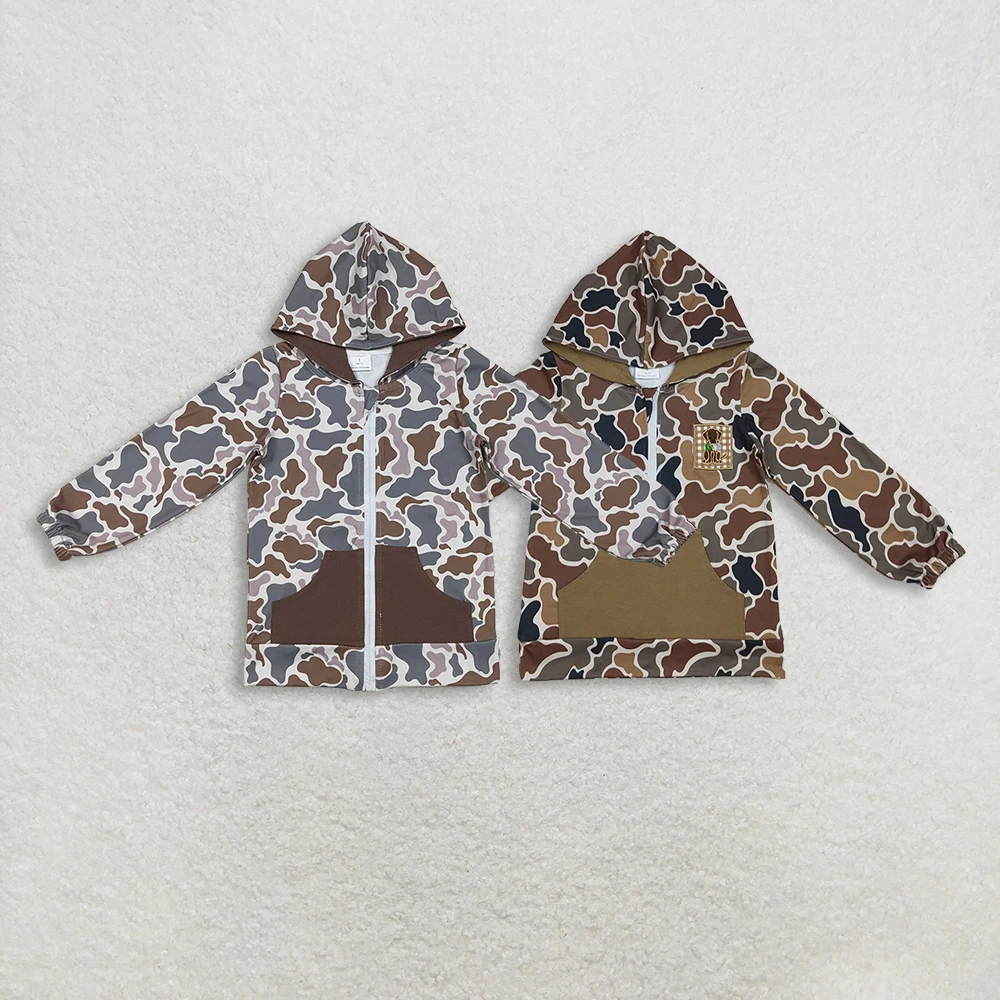 

Sibling Baby Boys Brown Camo Hoodie with Embroidery Dog Duck Design Long Sleeve Zipper Hunting Jacket with Pocket for Kids