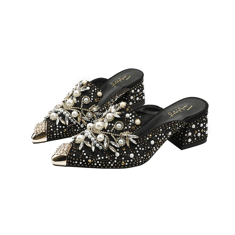 Baotou Slippers Women Wear Mesh Rotund Heel Heavy Industry Handmade Rhinestone High Heel Snow Lotus Half Slippers Women Shoes
