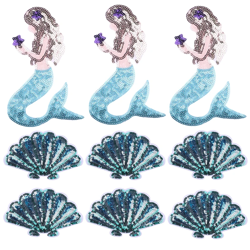 10PCS Blue Mermaid Shell Paillette Sequins Patch Dress Bag Shoe Iron On Patches Applique DIY Cartoon Patches For Clothing Badges