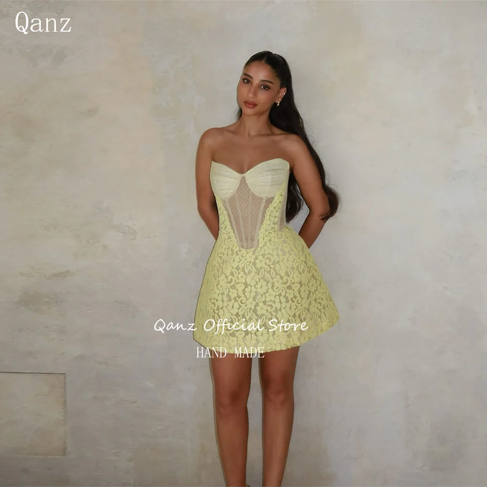 

Qanz желтые кружевные аппликации платья для выпускного вечера мини-трапеция сексуальное вечернее платье женское милое точечное платье Vestidos De Festa по индивидуальному заказу