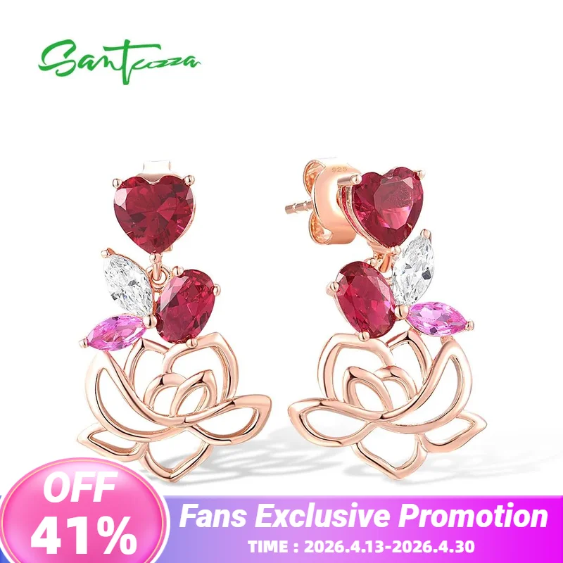 

SANTUZZA 925 Sterling Silver Stud Earrings For Women Red Nano Crystal Pink Sapphire White CZ Heart Lotus Flower Fine Jewelry