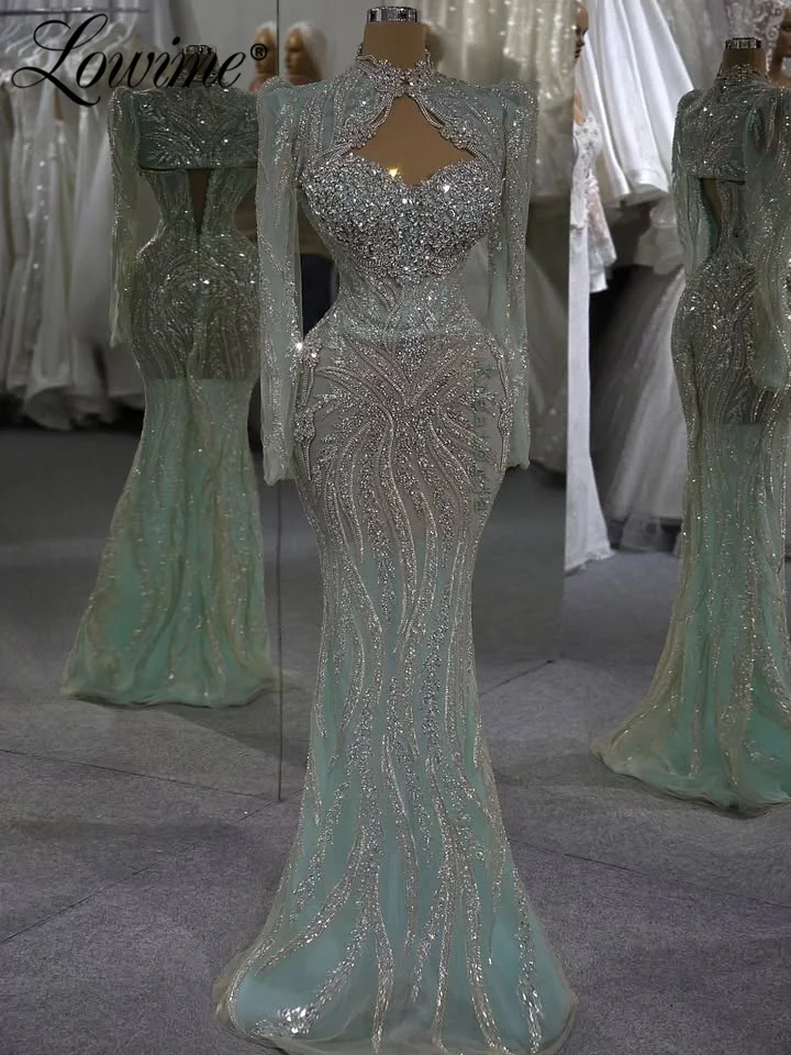 

Мятно-зеленое вечернее платье с длинными рукавами, фасон «русалка», для торжественных мероприятий в Саудовской Аравии, с индивидуальной отделкой из кристаллов и бисера, для выпускного вечера