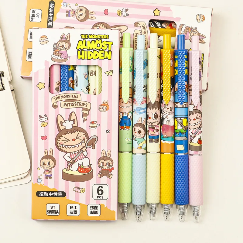 

6pcs Labubu Push Action Neutral Pen Cute Cartoon High-value Student ST Quick-drying Black Brush Pen Signature Pen Girls Gift