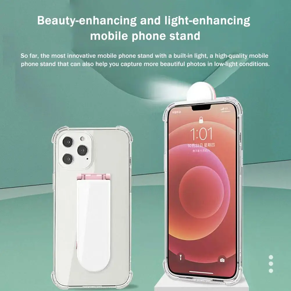 حامل هاتف قابل للطي وقابل للتعديل مع مرآة مكياج وإضاءة حلقية للبث المباشر