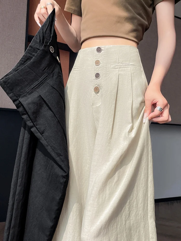 White Linen Wide Leg Pants Women's Spring Summer Thin High Waist Drape Straight Ice Silk Suit Pants Comfortable Casual Trousers