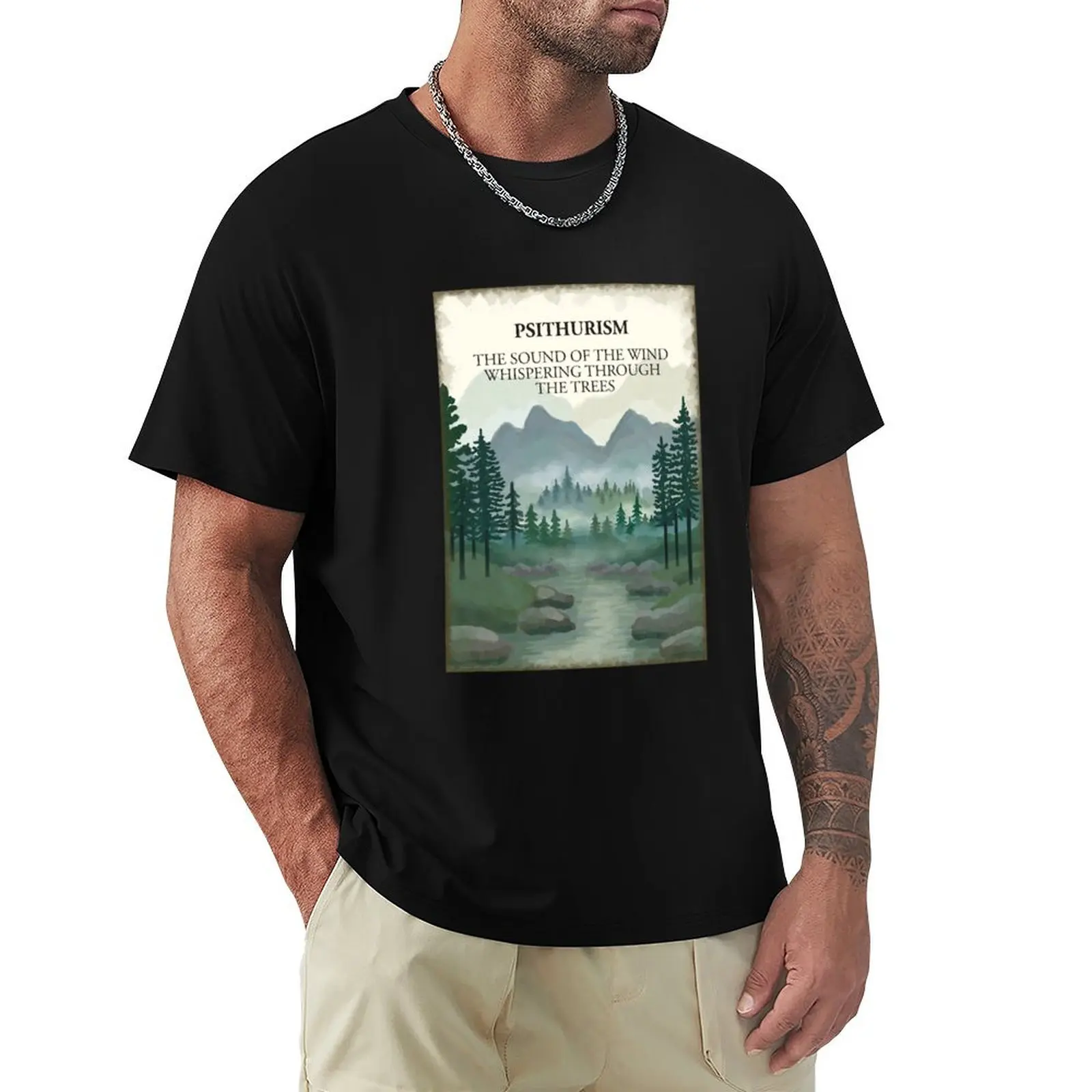 Psithurism The sound of the wind whispering through the trees. Misty forest woodland, river, hills mountains painting T-Shirt