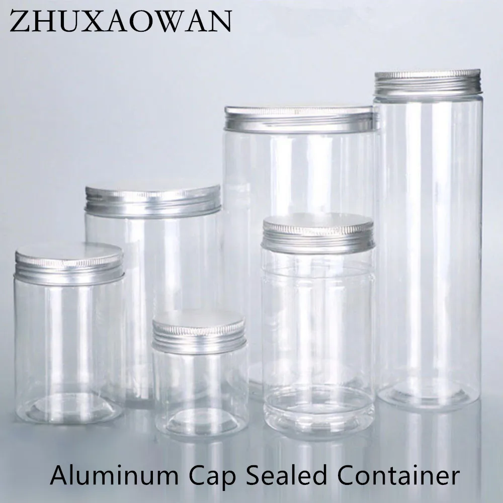 1Pc Aluminum Cap Sealed Cans PET Empty Transparent Plastic Bottles 15 Sizes Wide Mouth Jar Oil Wax Packaging Container With Lids