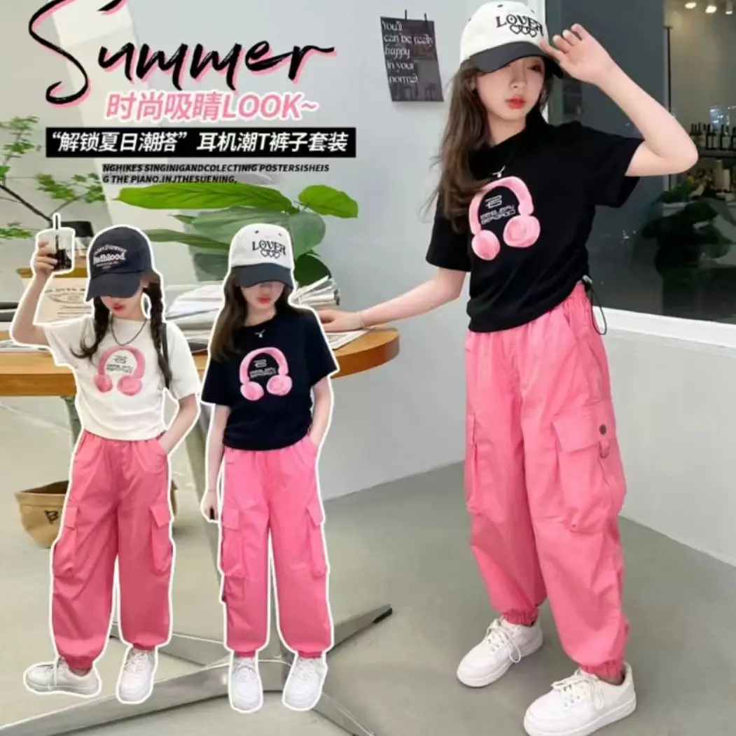 Traje de 2 piezas para niña, Top de manga corta con cuello redondo y monos sueltos, ropa exterior informal, estilo callejero Simple, novedad de verano 2024