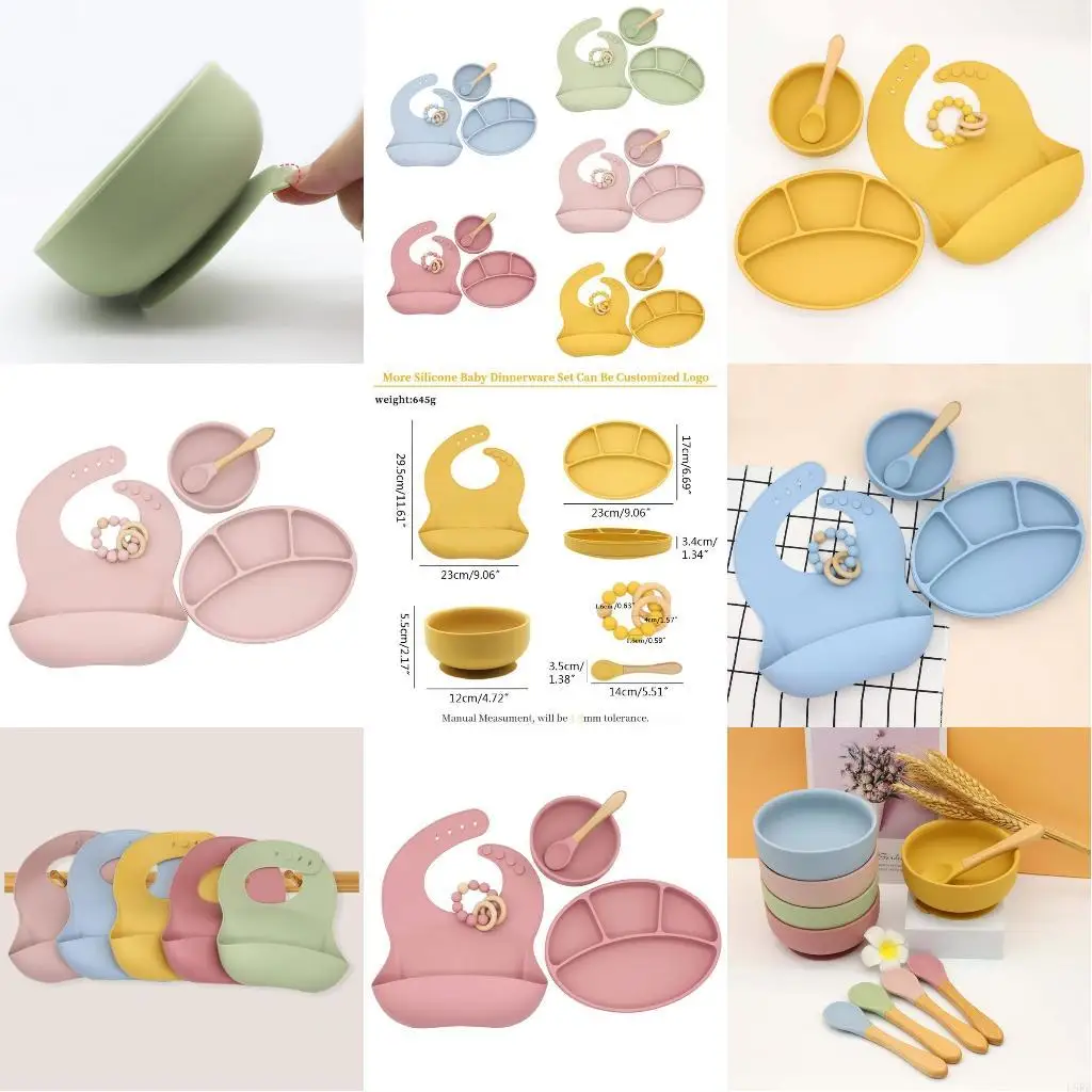 

5 шт. детские силиконовые нагрудники, разделенная обеденная тарелка, присоска, ложка, браслет, набор, тренировочная посуда для