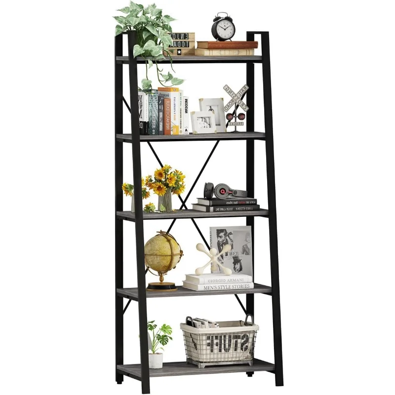 

5-Tier Ladder Shelf, Industrial Leaning Bookcase, Wood and Metal Ladder Bookshelf for Living Room, Bedroom, Kitchen,