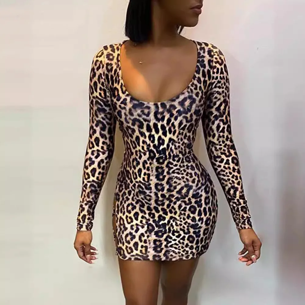 Hot-selling European and American Super  Nightclub Leopard Print Backless Lace-up Hip Short Dress Maxi Dresses for Women