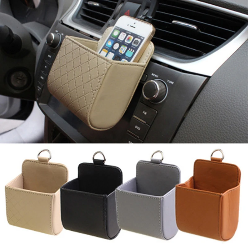 Car Storage Bag Air Vent Tidy Hanging Leather Organizer Box Glasses Phone Holder Storage Organizer storage bag sundries pocket
