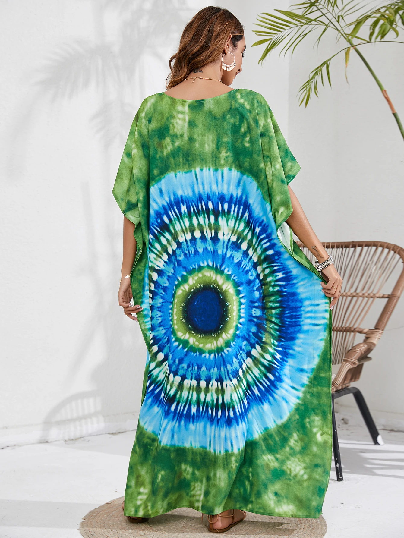 Women s Boho Cover Up Plus Size Tie Dye Batwing Sleeve V Neck Maxi Kaftan Cover Up Dress