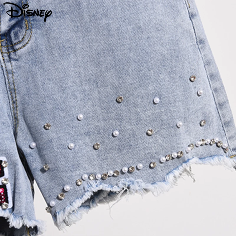 Disney New Arrival Top Fashion Cotton Women Embroidery Beading Mickey Mouse Female Summer Big Irregular Flash High Waist Short