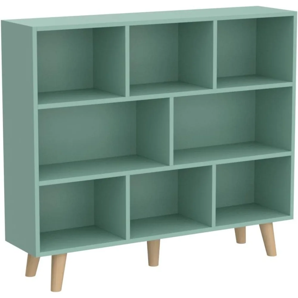 Wooden Open Shelf Bookcase - 3-Tier Floor Standing Display Cabinet Rack with Legs, 8 Cubes Bookshelf, Tiffany-Green