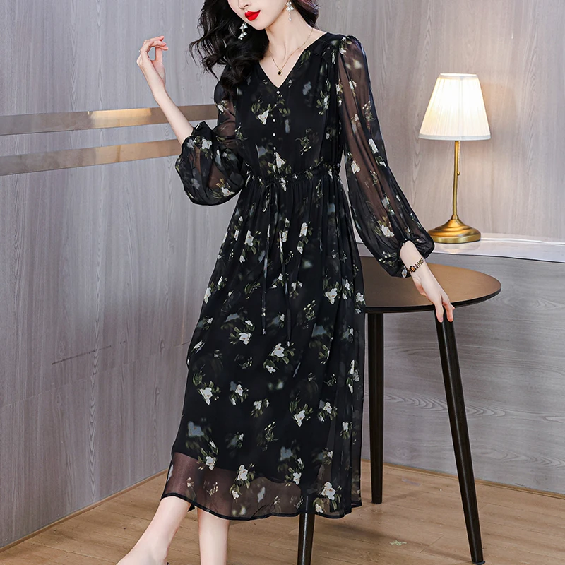 2024 Spring Vintage Loose 4XL Plus Size Midi Women Dress Boho Floral Mulberry Silk Long Sleeve Maxi Dress Elegant Party Vestidos