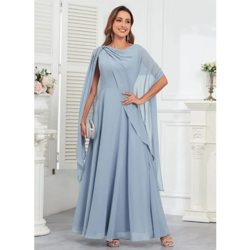 Scoop Neck Mother of The Bride Dresses Cape Shawl Ruffle Long Formal Evening Gowns Chiffon A Line Wedding Guest Bridesmaid Dress