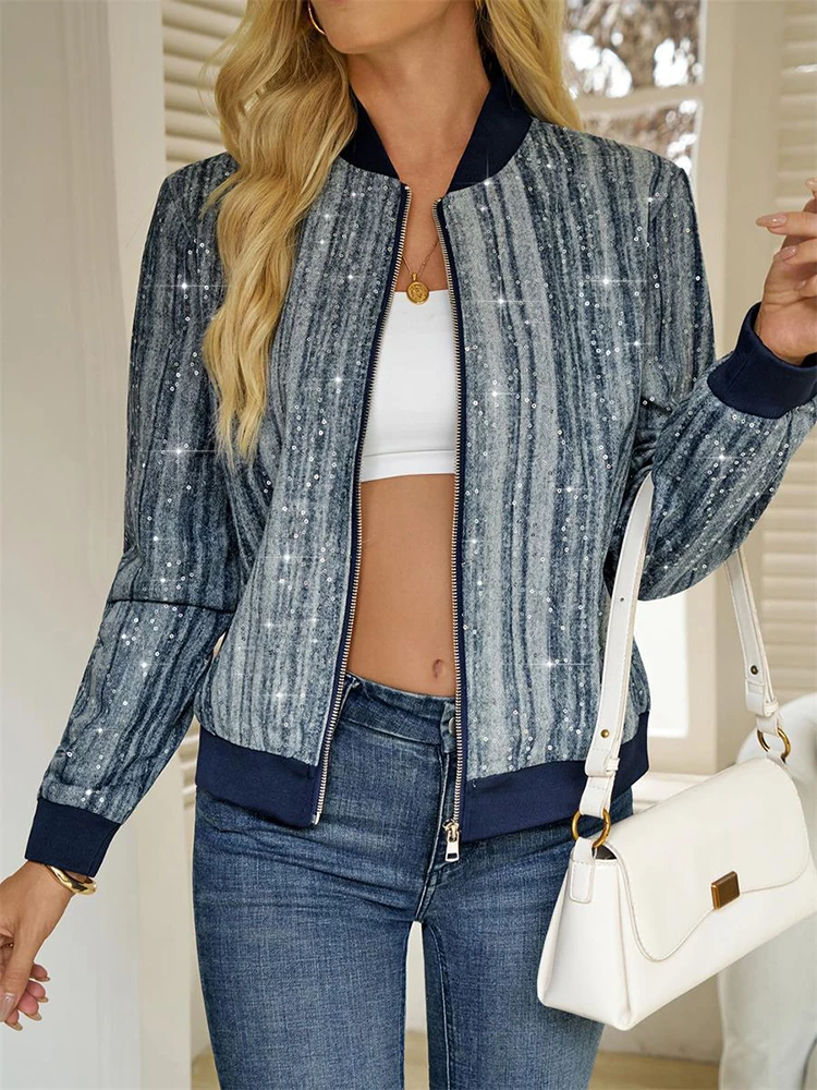 Vintage Long Sleeve Zipper Baseball Top Coat Women's Sequined Striped Bomber Jacket Casual Sparkly Streetwear Outerwear Cardigan