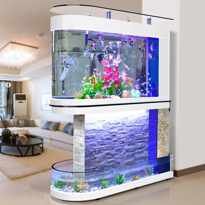 aModern Living Room Glass Water Curtain Wall Bullet Aquarium 300L Round Custom Goldfish Tank