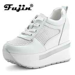 Fujin 10cm Air Mesh Genuine Leather Women Comfy Fashion Chunky Sneaker Flats Ankle Boots Platform Wedge Sneakers Summer Shoes