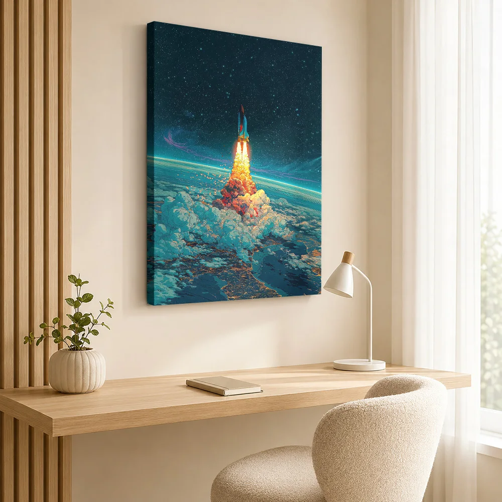 Space Shuttle Launching Into Orbit Framed Canvas Poster Personalized Photo Expressive Brushwork Wall Art For Science Classroom