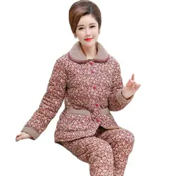 Plaid Pajamas Women Winter Warm Suits Coral Fleece Three-Layer Quilted Mid-Aged Mother Thicken Flannel Warm Jacket Home Service