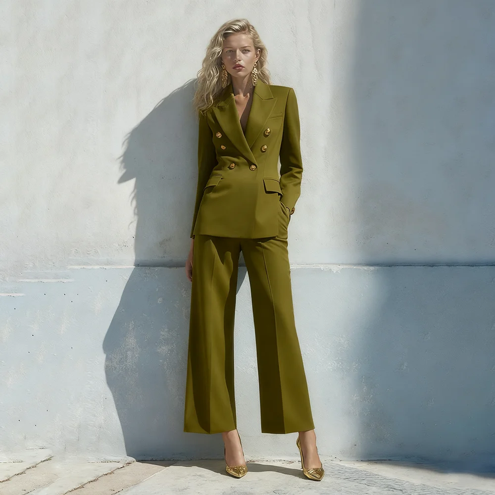 Professionele dameskleding, dubbele rij knopen, piekrevers, tweedelig pak, elegante kantoorblazer, vintage dagelijkse streetwear