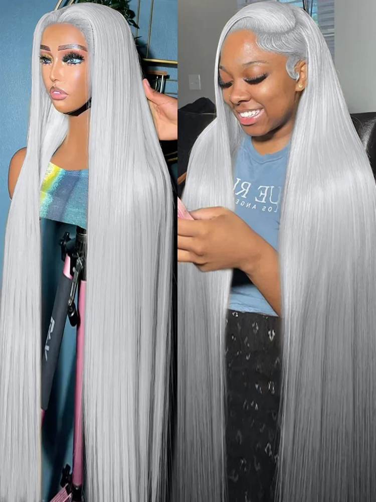 

13x6 Серебристо-серый цвет, прямые парики из натуральных волос на кружеве, предварительно выщипанные, бразильские, плотность 250, 13x4, кружевные фронтальные парики для женщин