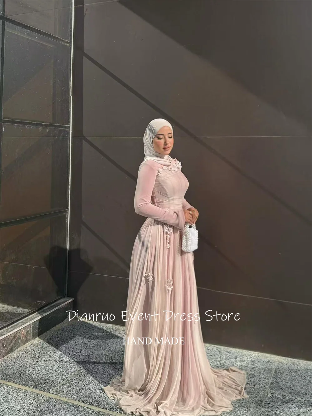 Dianruo 3D 꽃 쉬폰 이브닝 드레스 절묘한 핑크 댄스 파티 드레스 라인 Pleated 이슬람 아라비아 Vestidos De Fiesta Customized