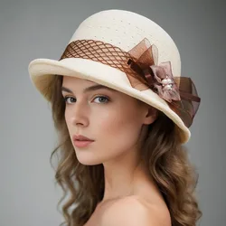 202 Hot-selling Hats Women's European and American New Flower Small Pot Hats Fashionable Woolen Curved Brim Top Hat