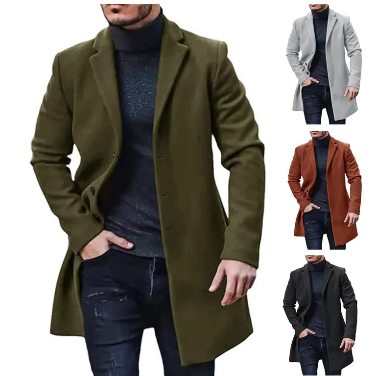 

Men's New Woolen Casual Jacket Trench Coat Woolen Material Autumn Winter Solid Color Long Sleeve