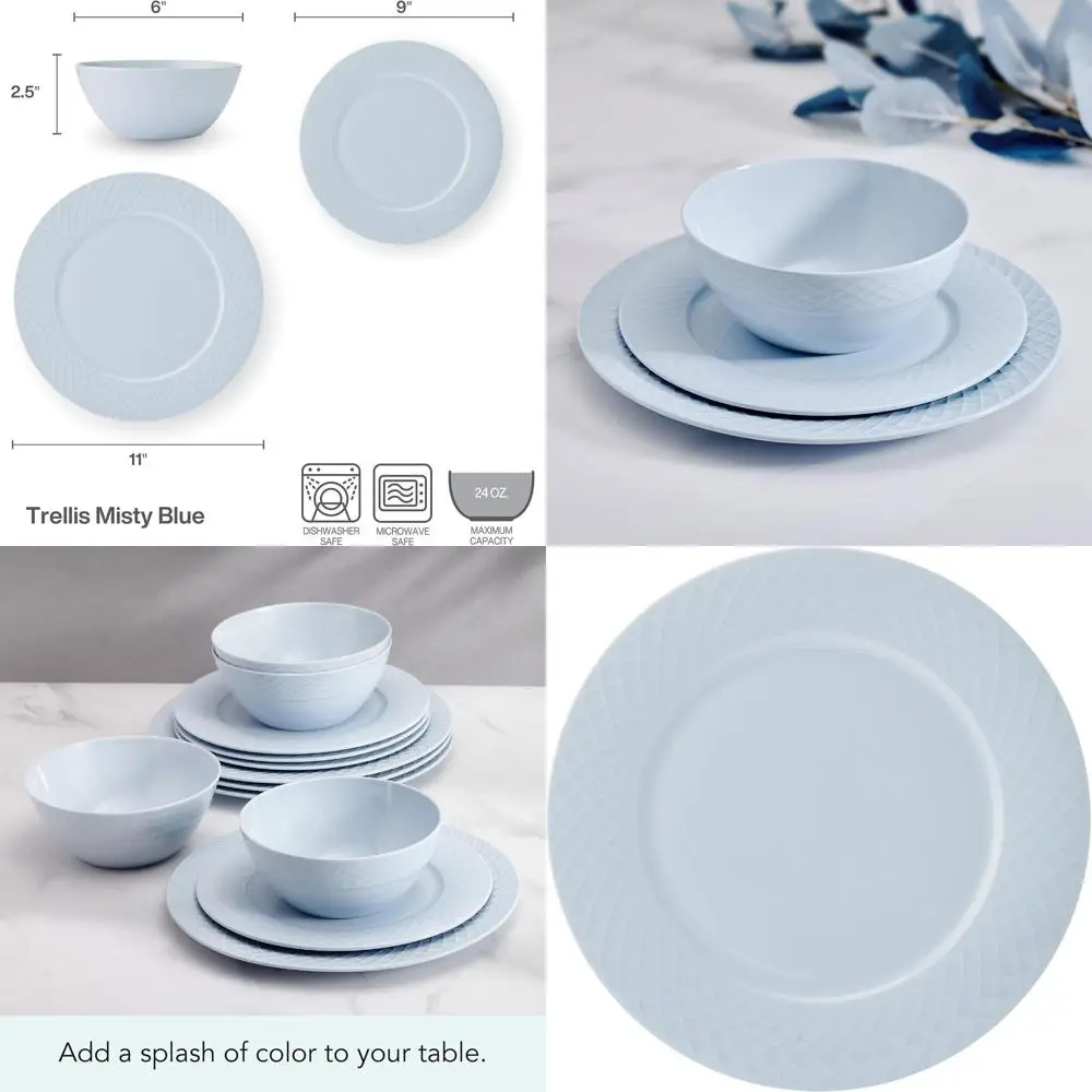 

Misty Blue 12-Piece Trellis Bone China Dinnerware Set, Lightweight and Chip-Resistant, Serving 4