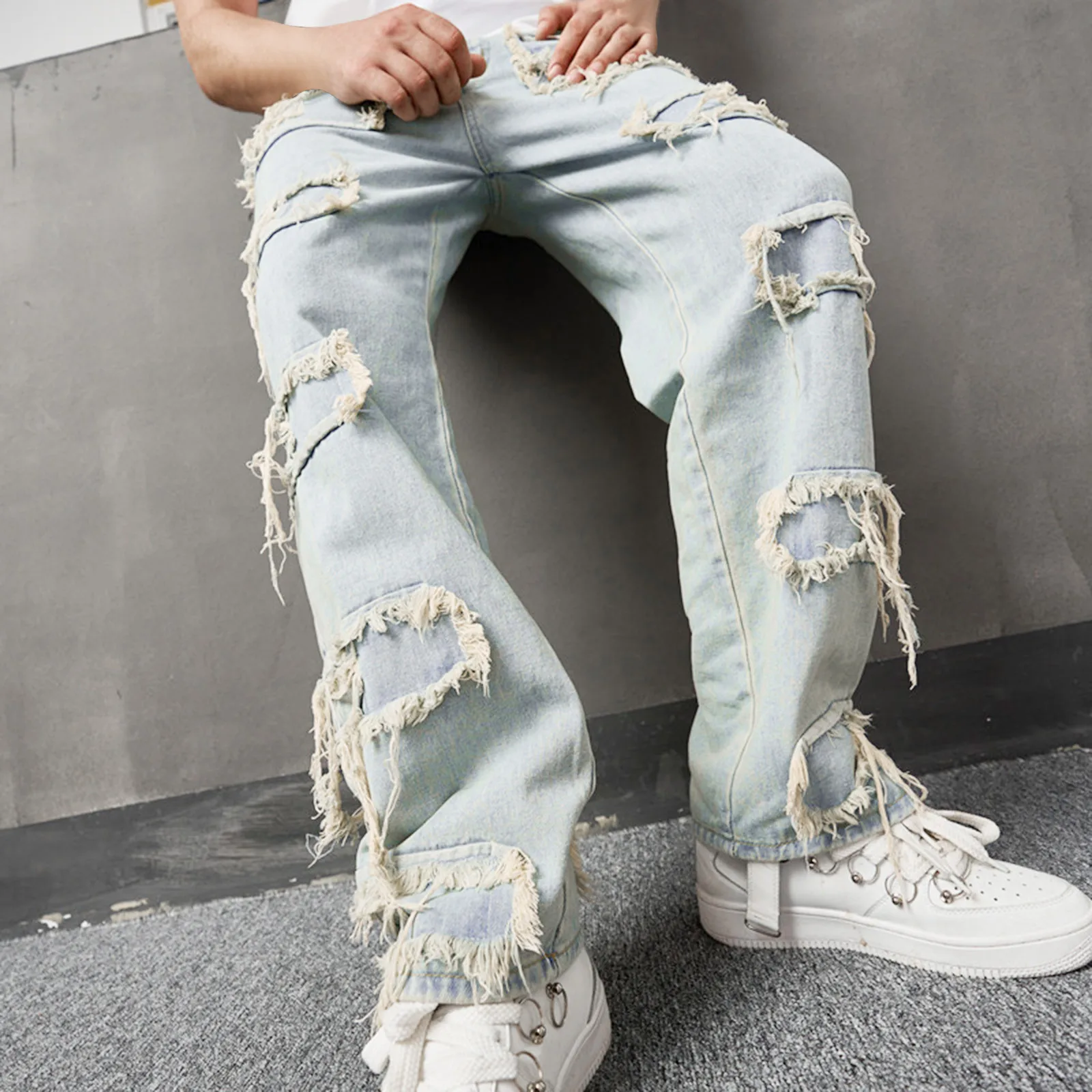 Tassels Holes Men's Jeans Summer New Streeetwear Hip Hop Distressed Denim Pants Man olid Retro Patched Washed Straight Jeans