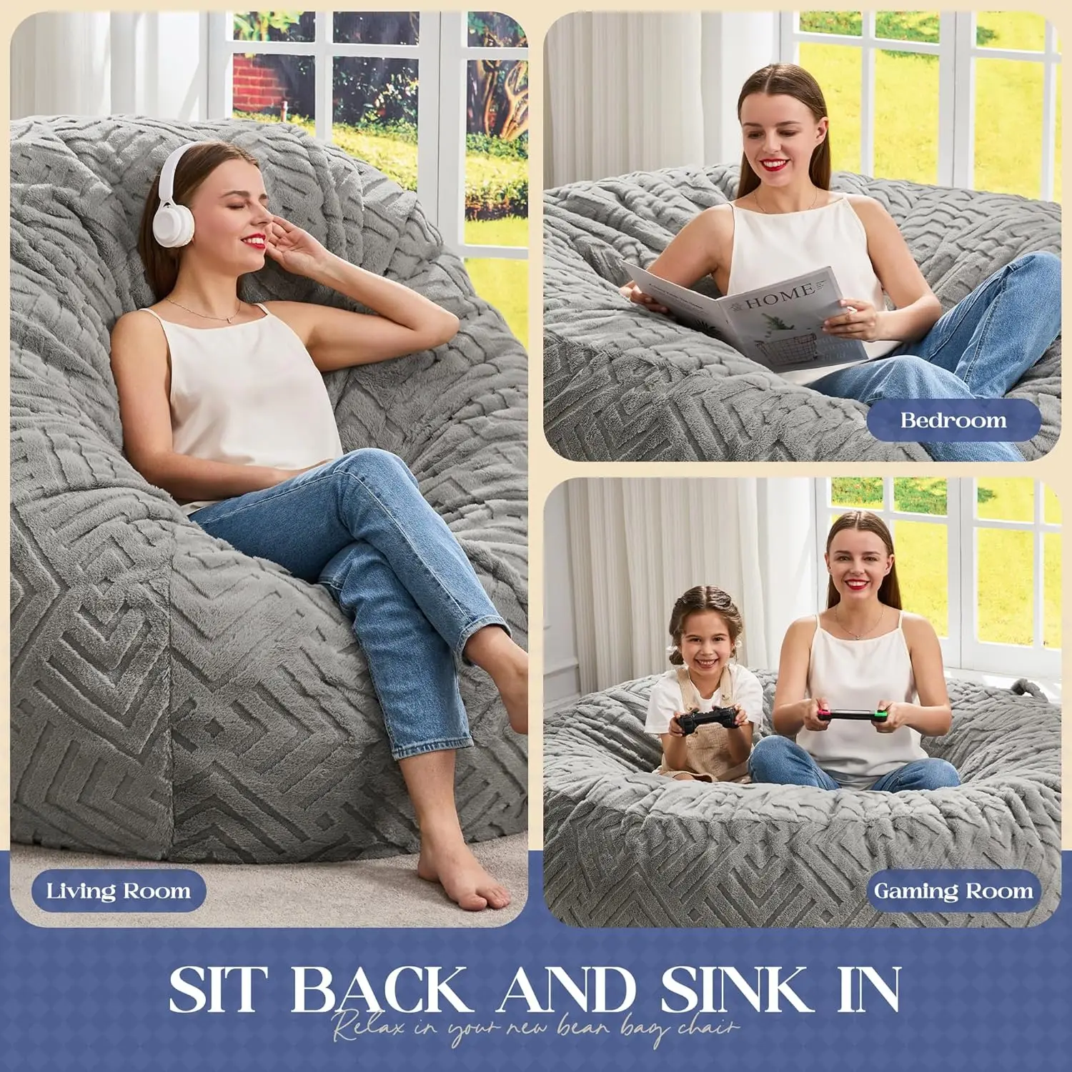 5FT Grey Embossed Fluffy Bean Bag Chair Machine Washable Cover Large Spacious Floor Sofa for Adults Living Room Bedroom Daily Rest