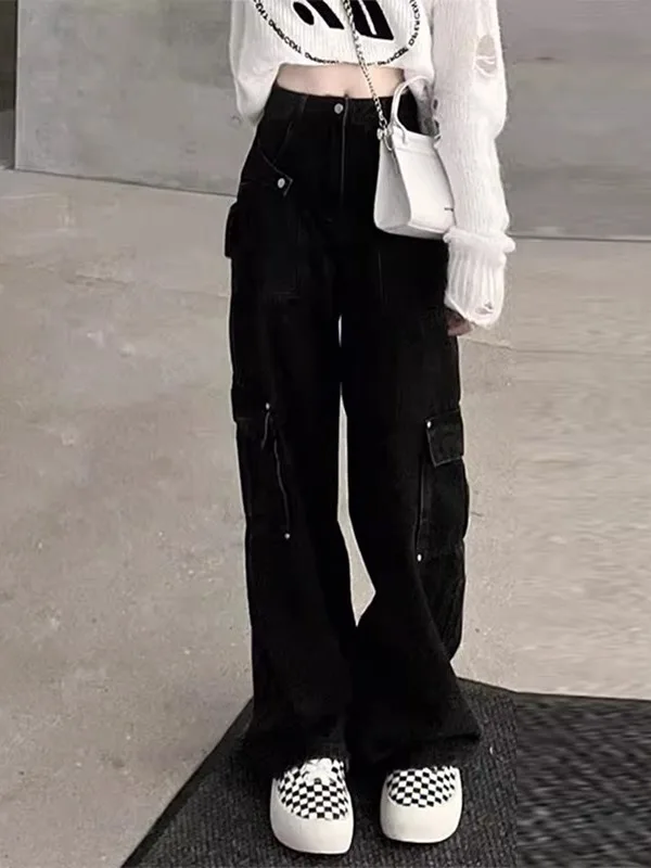

Retro American Denim Jeans Women's Spring Autumn plus Size Pear Body Straight Workwear High Street Wide Leg Pants