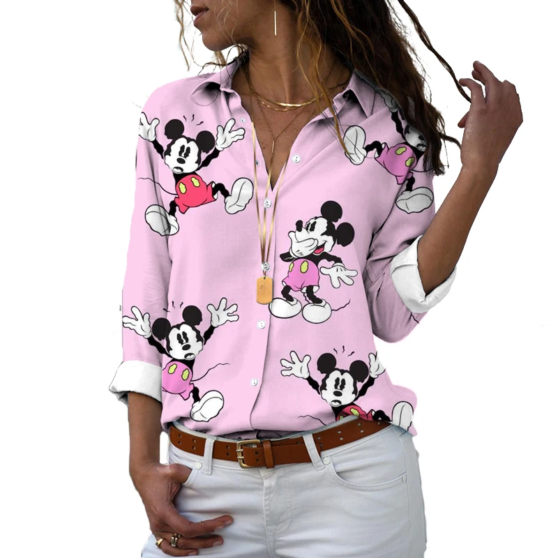 Disney New Slim Fit 3D Print Women Button Long Sleeve Lapel Mickey Minnie Casual Harajuku Cute Shirt y2k