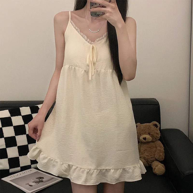 Solid Color Suspender Nightgown for Women in Summer High-end Cloud Cotton Sweet and Cute Home Clothes Camisones Para Dormir