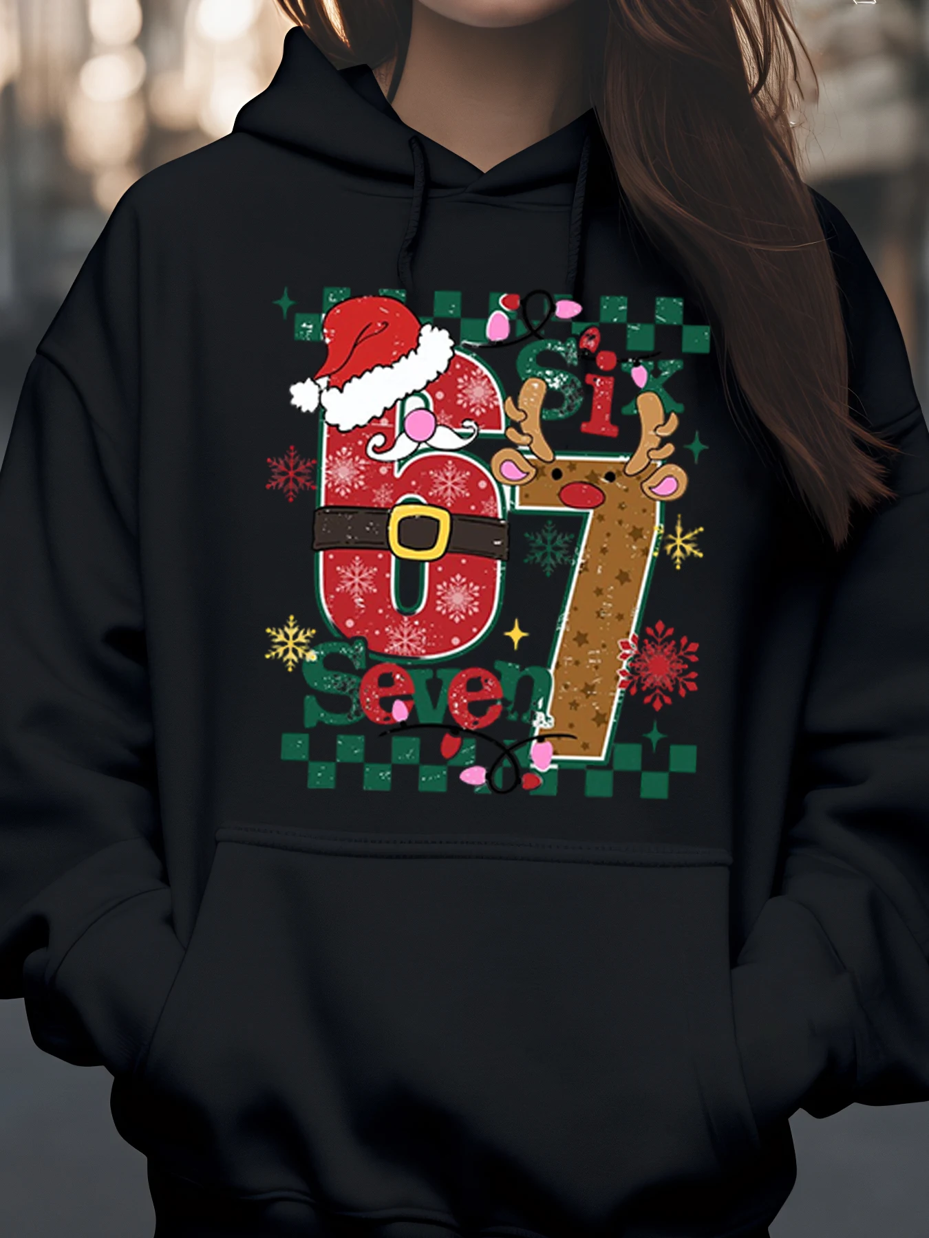 

Christmas Santa Reindeer 67 Print Hoodie Holiday Party Wear Women's