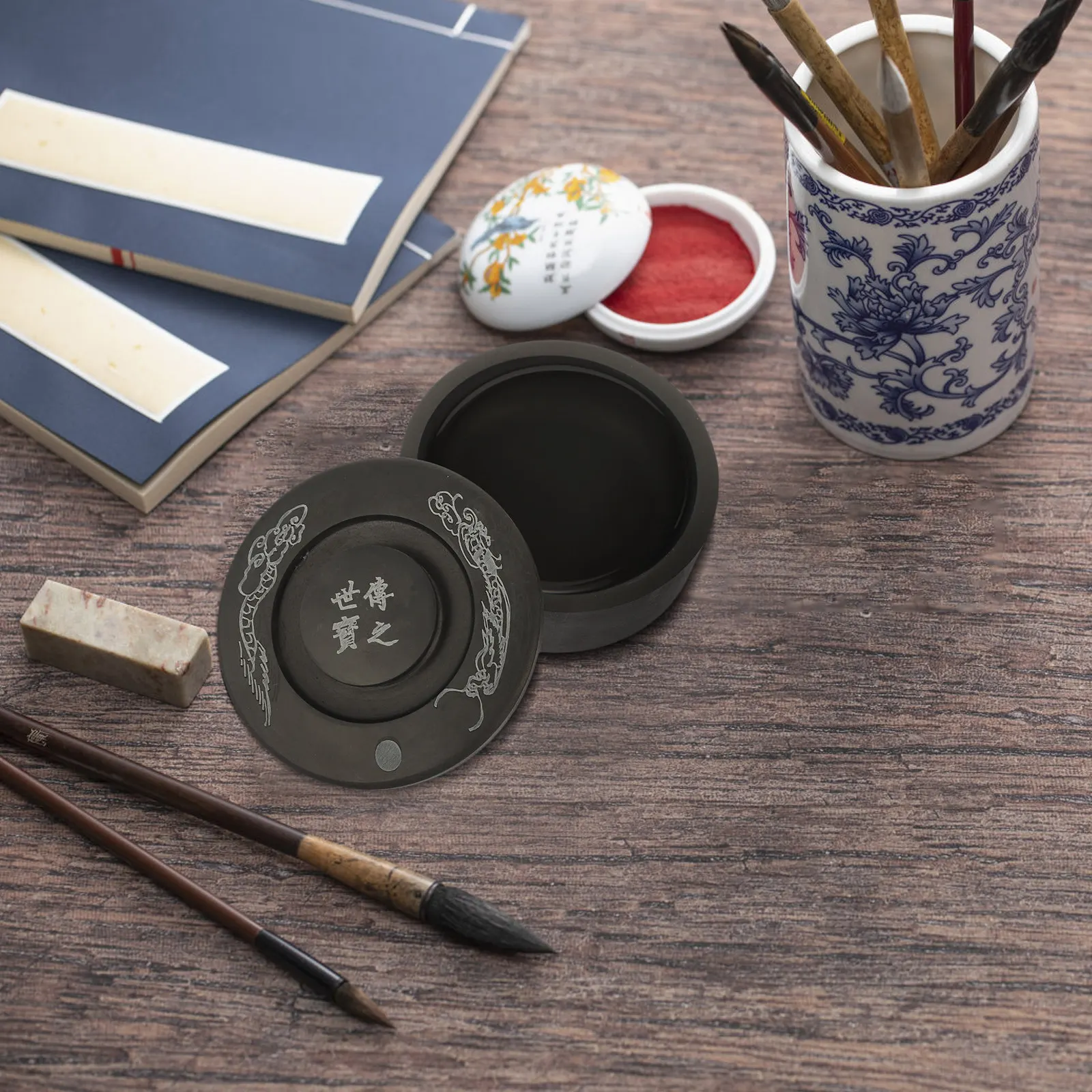 Chinese Lidded Inkstone Premium Calligraphy Ink Slab Preserve Inkwell Grinding Ink Holder for Painting Writing Drawing Art