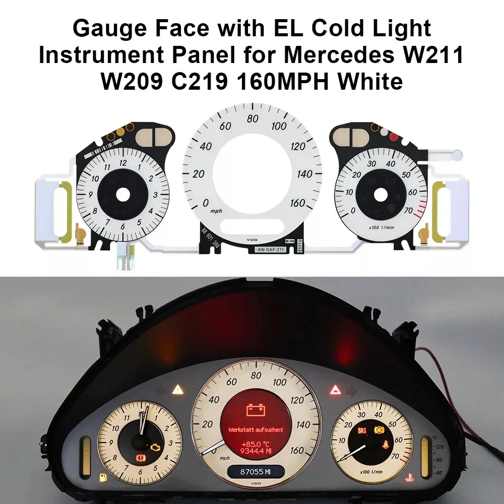 

Gauge Face with EL Cold Light Instrument Panel for Mercedes W211 W209 C219 E320 E350 E500 E55 E63 160MPH White/Black