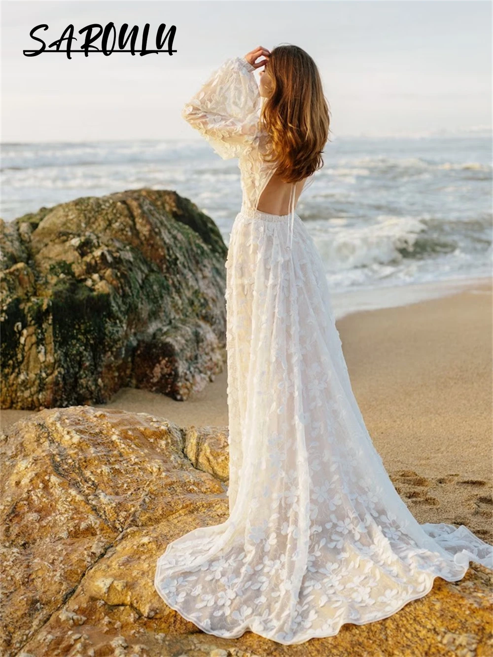 Modern Floral Appliques Women Birde Dress With Long Lantern Sleeves Open Back Wedding Dresses Court Train Bohemian Bridal Gown