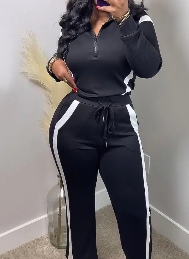 

2-Piece Color Block Casual Set with Half Zip Long Sleeved Top And Drawstring Elastic Pants for Comfortable Wear